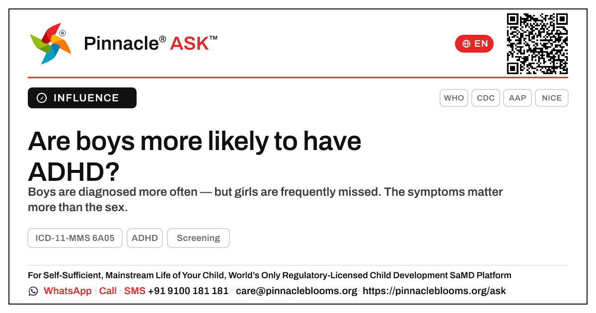 Are boys more likely to have ADHD? — Pinnacle Ask answer card with a short explanation and QR link