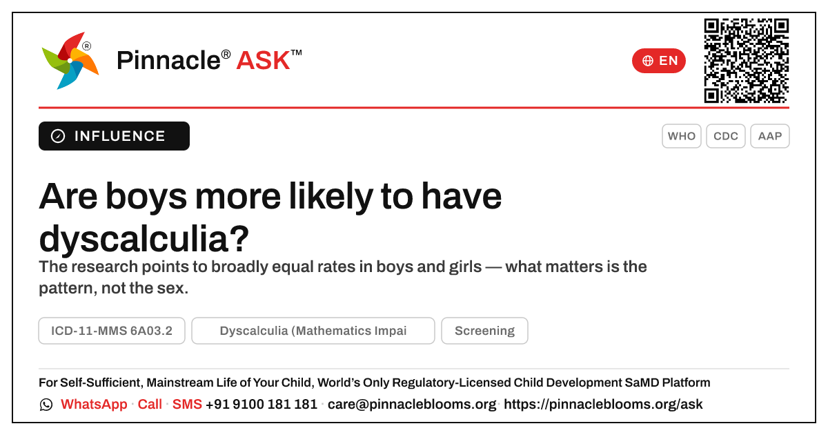 Are boys more likely to have dyscalculia? — Pinnacle Ask answer card with a short explanation and QR link