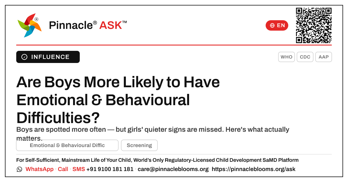 Are Boys More Likely to Have Emotional & Behavioural Difficulties? — Pinnacle Ask answer card with a short explanation and QR link