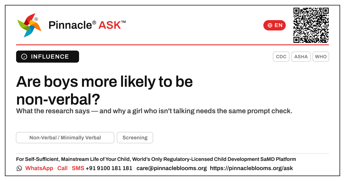 Are boys more likely to have a non-verbal / minimally verbal presentation? — Pinnacle Ask answer card with a short explanation and QR link