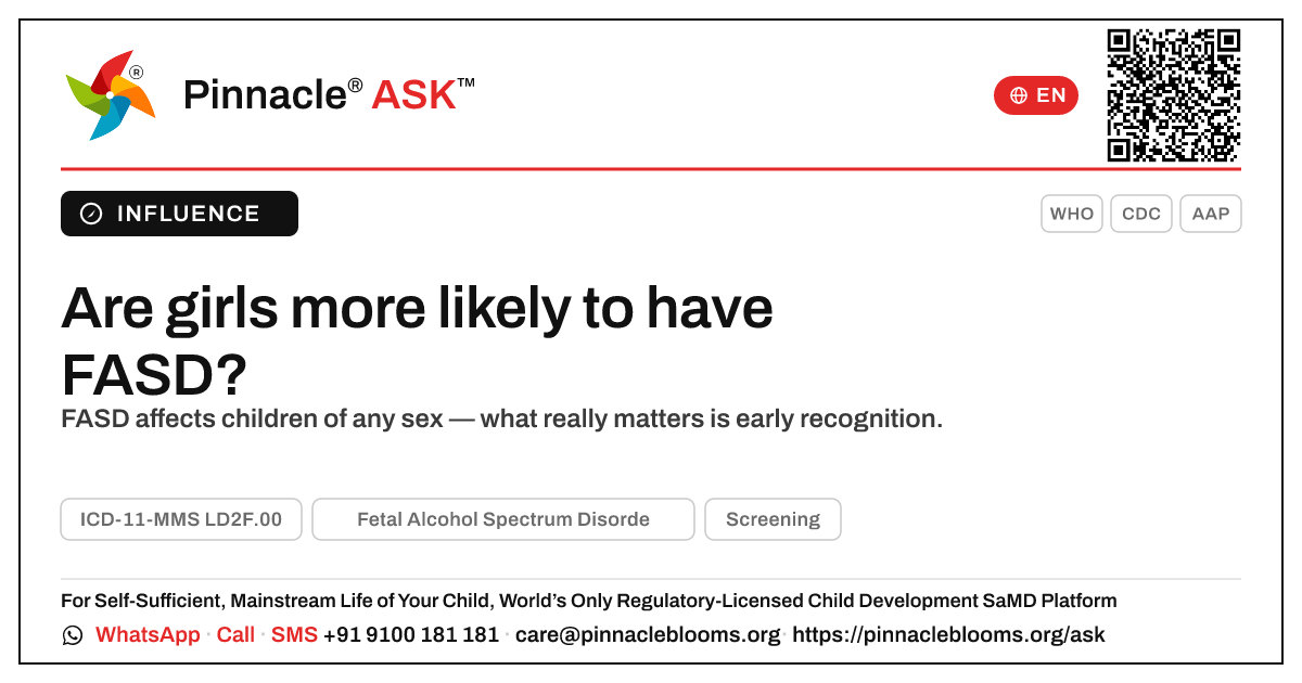 Are girls more likely to have FASD? — Pinnacle Ask answer card with a short explanation and QR link