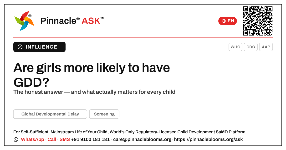 Are girls more likely to have Global Developmental Delay? — Pinnacle Ask answer card with a short explanation and QR link