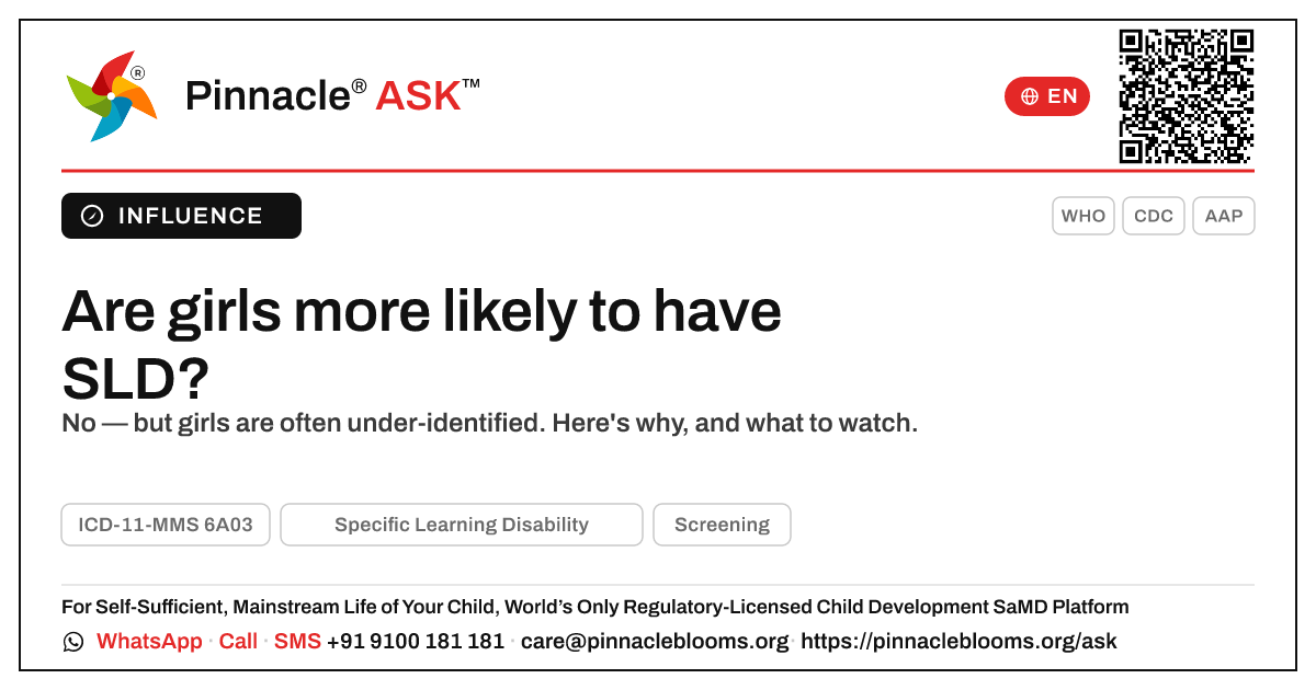 Are girls more likely to have Specific Learning Disability? — Pinnacle Ask answer card with a short explanation and QR link