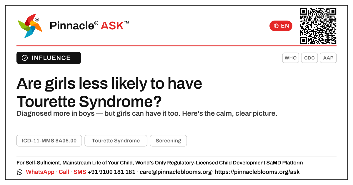 Are girls more likely to have Tourette Syndrome? — Pinnacle Ask answer card with a short explanation and QR link