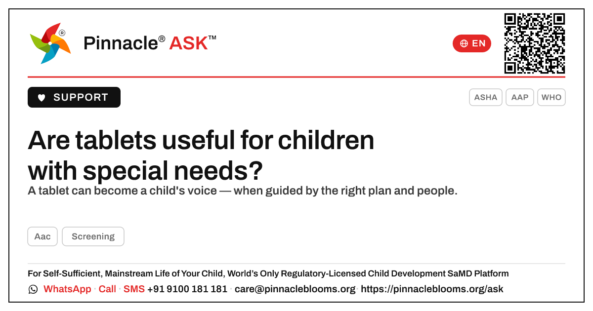 Are tablets useful for children with special needs? — Pinnacle Ask answer card with a short explanation and QR link