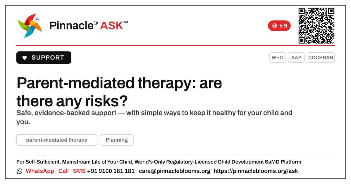 Risks and side effects of parent-mediated therapy — Pinnacle Ask answer card with a short explanation and QR link