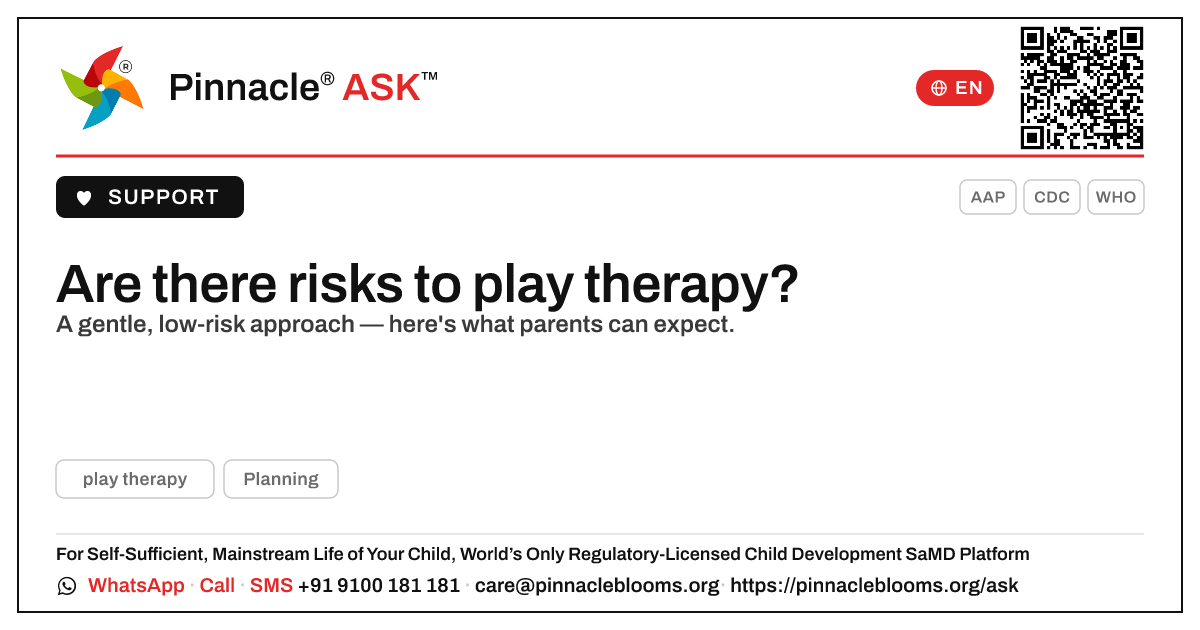 Are there any risks or side effects of play therapy? — Pinnacle Ask answer card with a short explanation and QR link