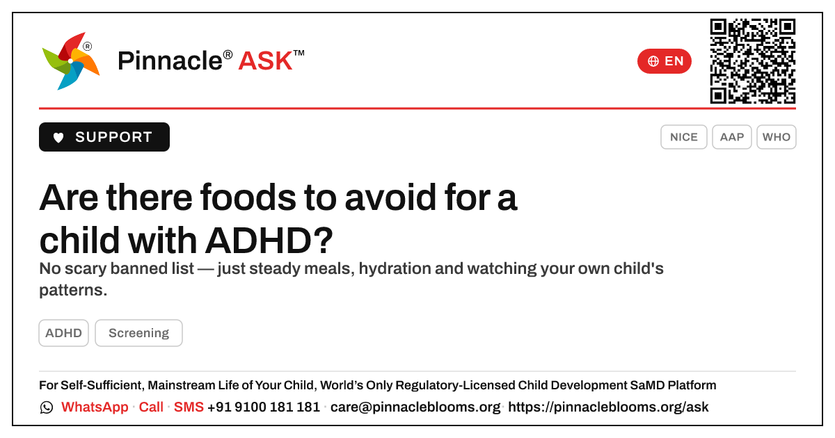 Are there foods to avoid for a child with ADHD? — Pinnacle Ask answer card with a short explanation and QR link