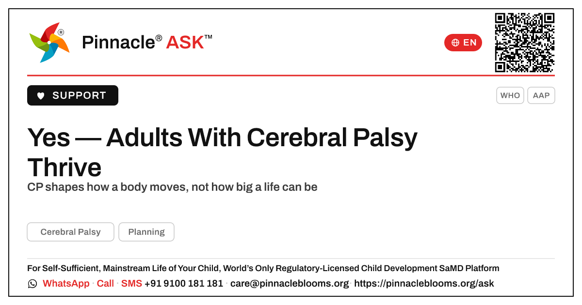Successful Adults Who Grew Up With Cerebral Palsy — Pinnacle Ask answer card with a short explanation and QR link