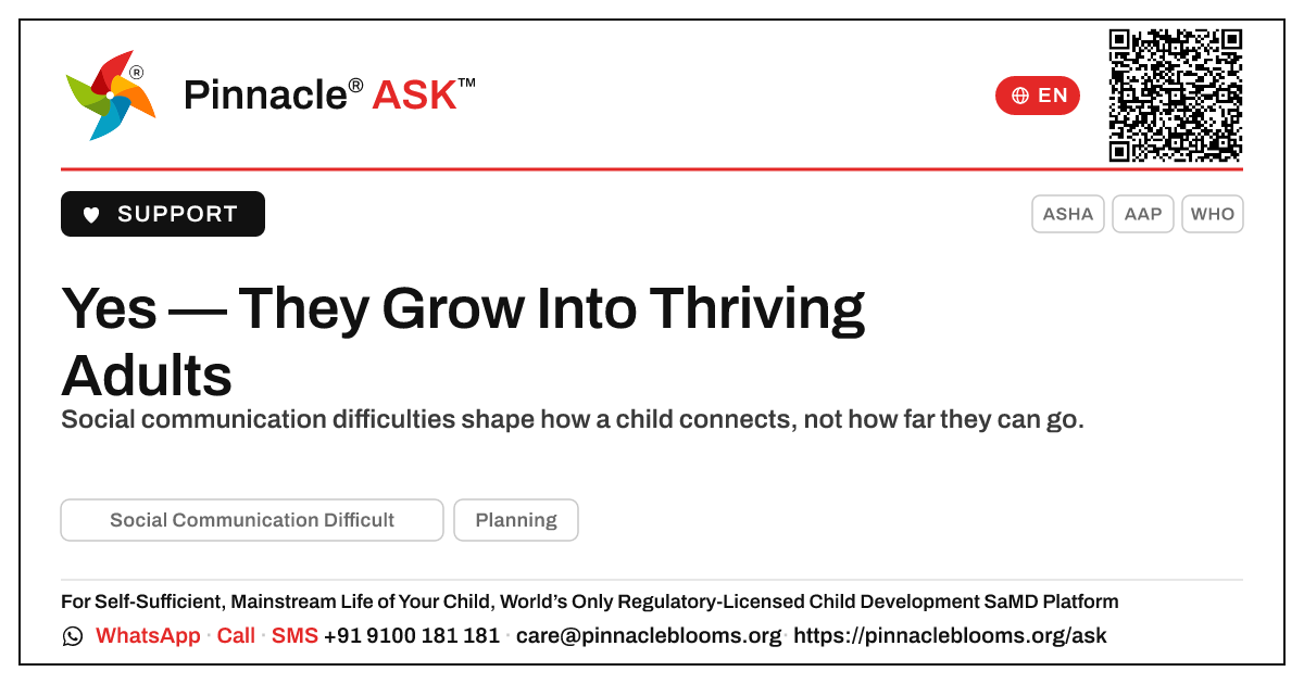 Are there successful adults who grew up with Social Communication Difficulties? — Pinnacle Ask answer card with a short explanation and QR link