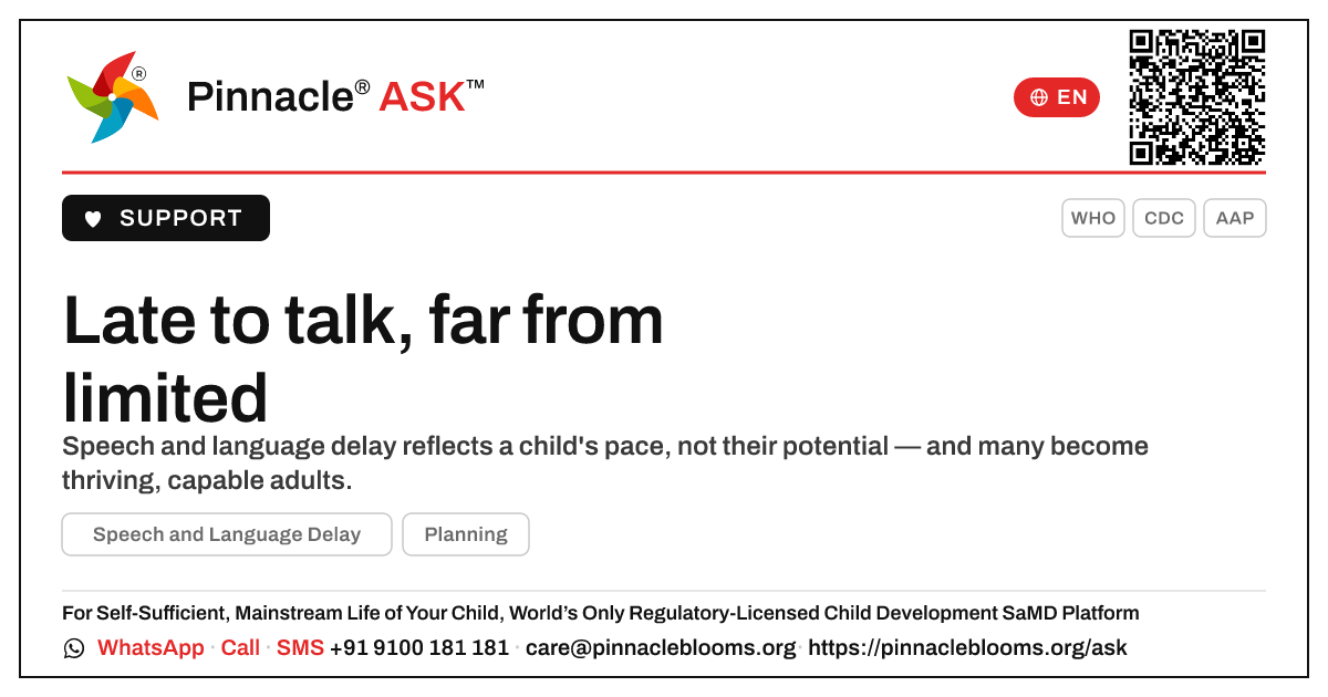 Are there successful adults who grew up with Speech and Language Delay? — Pinnacle Ask answer card with a short explanation and QR link