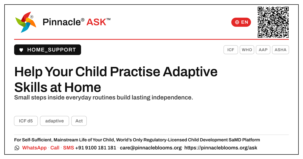 How to Gently Help a Child Practise Adaptive Skills — Pinnacle Ask answer card with a short explanation and QR link