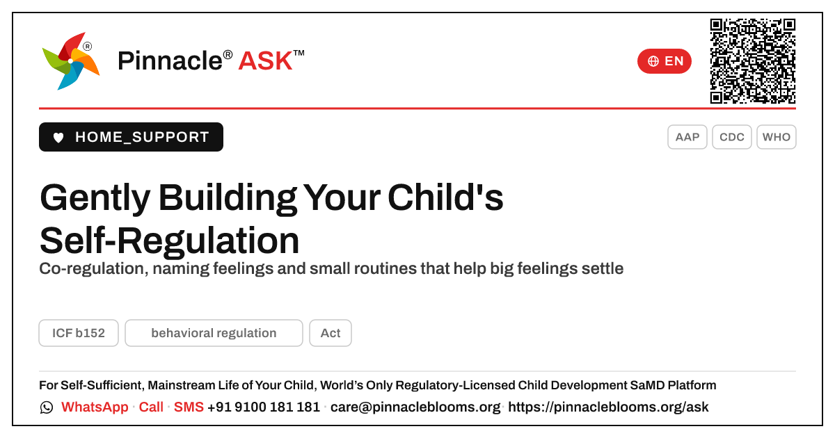 Helping Your Child Practise Behavioural Regulation at Home — Pinnacle Ask answer card with a short explanation and QR link