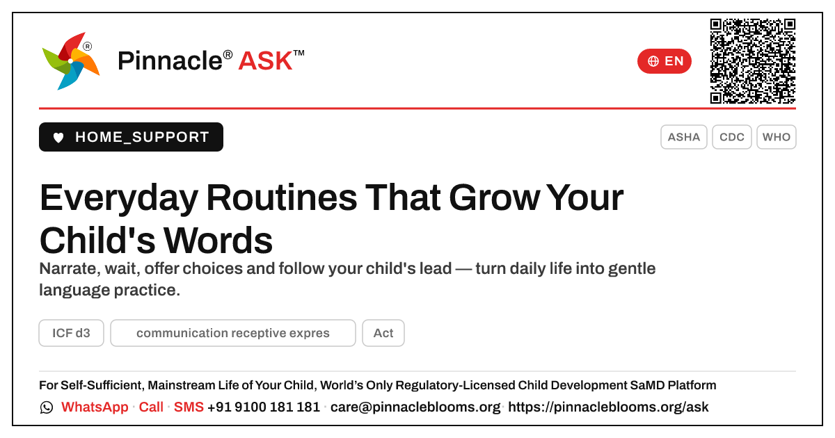 Helping your child practise receptive and expressive communication at home — Pinnacle Ask answer card with a short explanation and QR link
