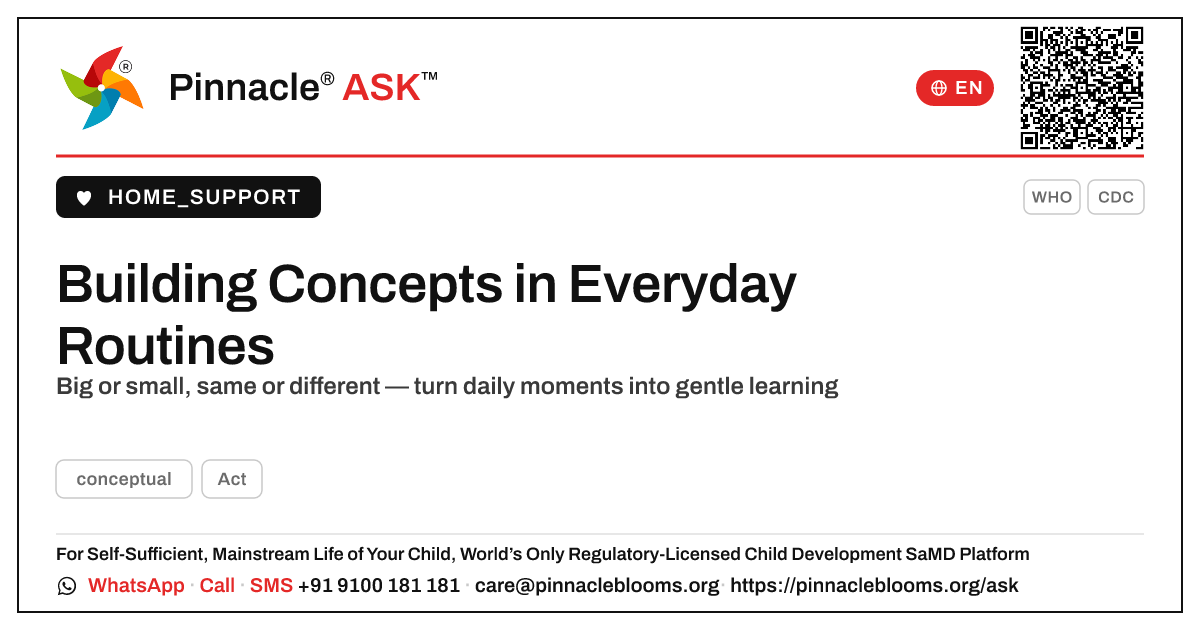 How to gently help a child practise conceptual skills at home — Pinnacle Ask answer card with a short explanation and QR link
