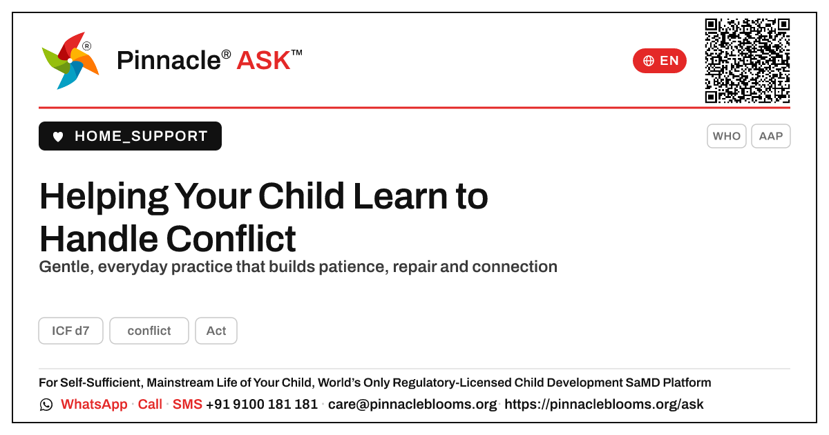Helping Your Child Practise Handling Conflict at Home — Pinnacle Ask answer card with a short explanation and QR link