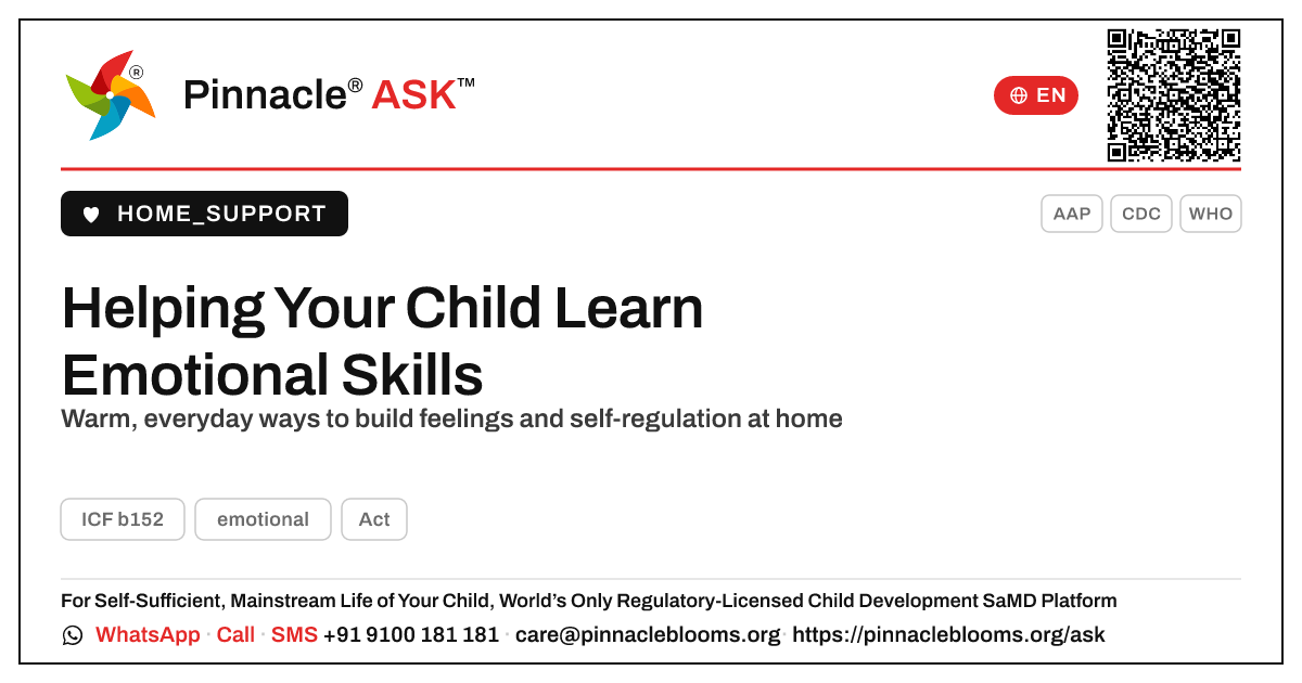 Helping Your Child Practise Emotional Skills at Home — Pinnacle Ask answer card with a short explanation and QR link