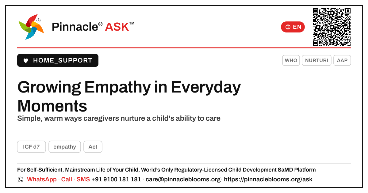 How to Gently Help a Child Practise Empathy at Home — Pinnacle Ask answer card with a short explanation and QR link