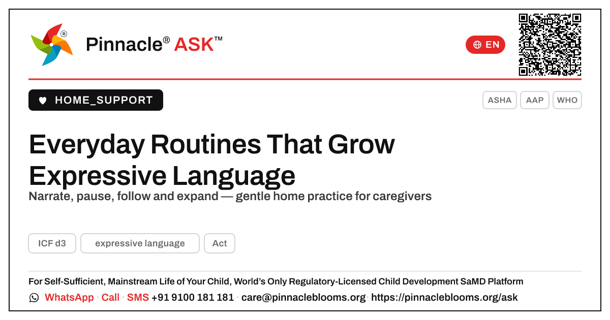 How to Help a Child Practise Expressive Language Daily — Pinnacle Ask answer card with a short explanation and QR link