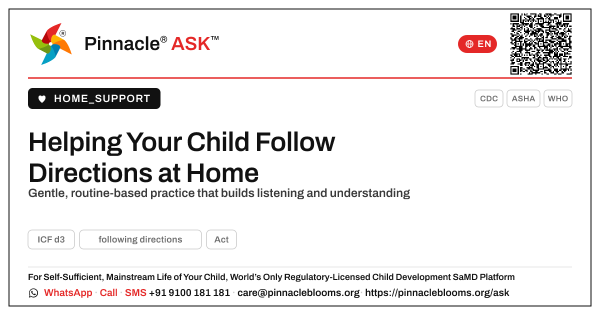 Helping Your Child Practise Following Directions at Home — Pinnacle Ask answer card with a short explanation and QR link