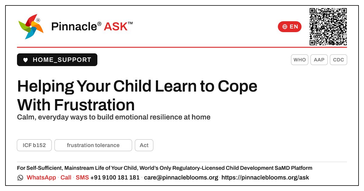 How to Help a Child Practise Frustration Tolerance Daily — Pinnacle Ask answer card with a short explanation and QR link
