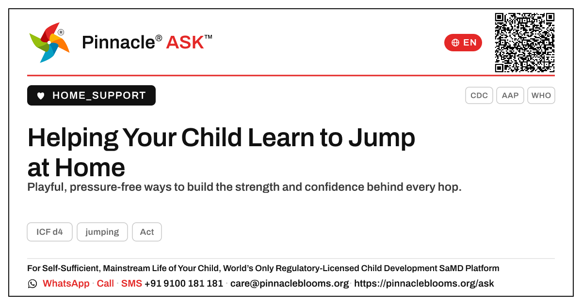 Helping Your Child Practise Jumping at Home — Pinnacle Ask answer card with a short explanation and QR link