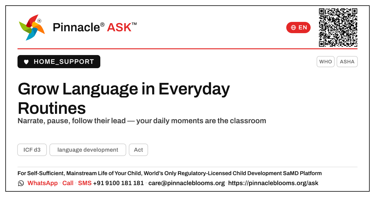 Helping Your Child's Language Grow in Everyday Routines — Pinnacle Ask answer card with a short explanation and QR link