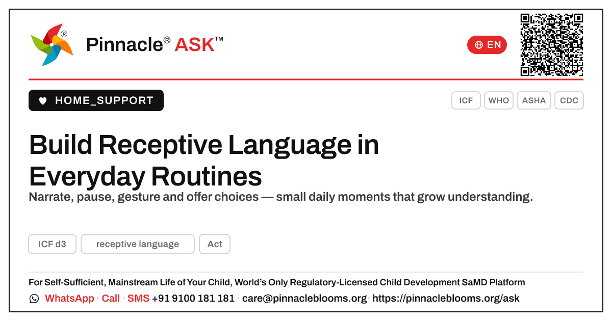 Helping a Child Practise Receptive Language at Home — Pinnacle Ask answer card with a short explanation and QR link