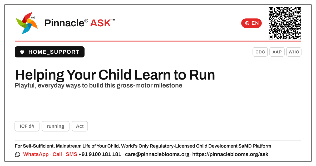 Helping Your Child Practise Running at Home — Pinnacle Ask answer card with a short explanation and QR link