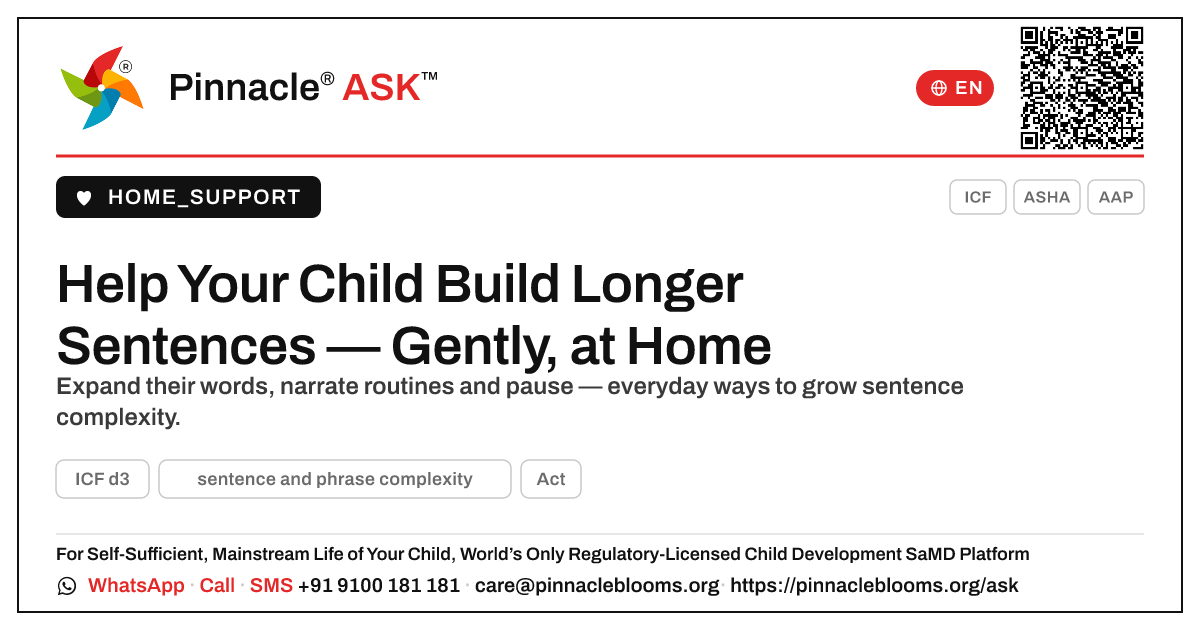 Helping Your Child Build Longer Sentences at Home — Pinnacle Ask answer card with a short explanation and QR link