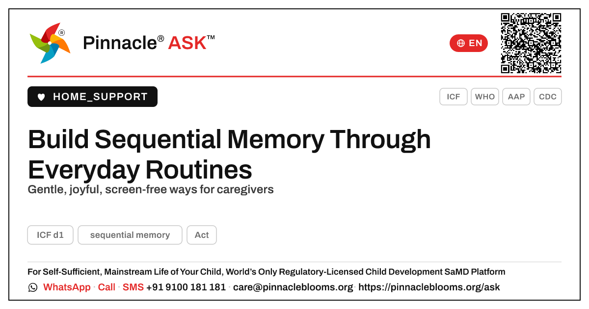 Helping Your Child Practise Sequential Memory at Home — Pinnacle Ask answer card with a short explanation and QR link
