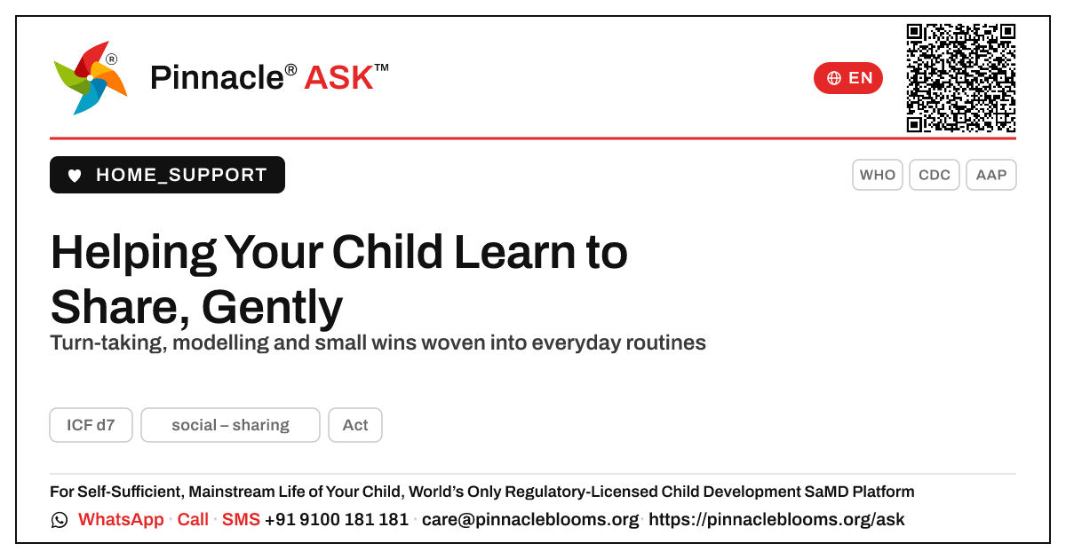 Helping Your Child Learn to Share, Gently — Pinnacle Ask answer card with a short explanation and QR link