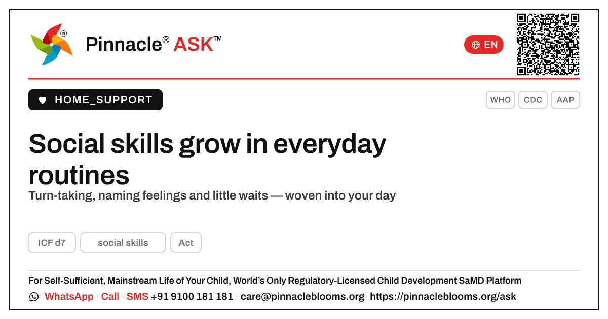 Helping your child practise social skills in everyday routines — Pinnacle Ask answer card with a short explanation and QR link