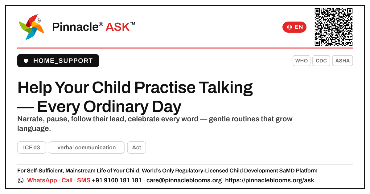 Helping Your Child Practise Talking During Daily Routines — Pinnacle Ask answer card with a short explanation and QR link