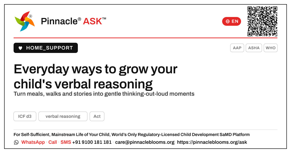 Helping your child practise verbal reasoning at home — Pinnacle Ask answer card with a short explanation and QR link