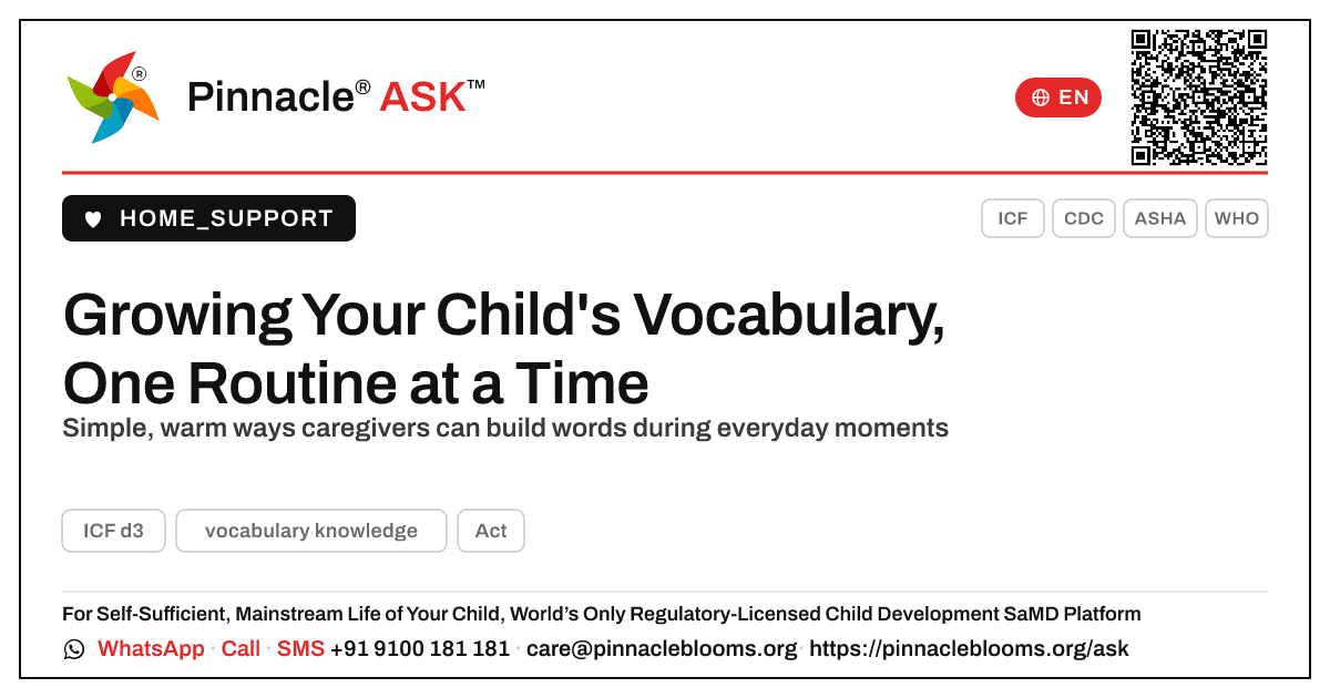 How to Help a Child Learn New Words at Home — Pinnacle Ask answer card with a short explanation and QR link