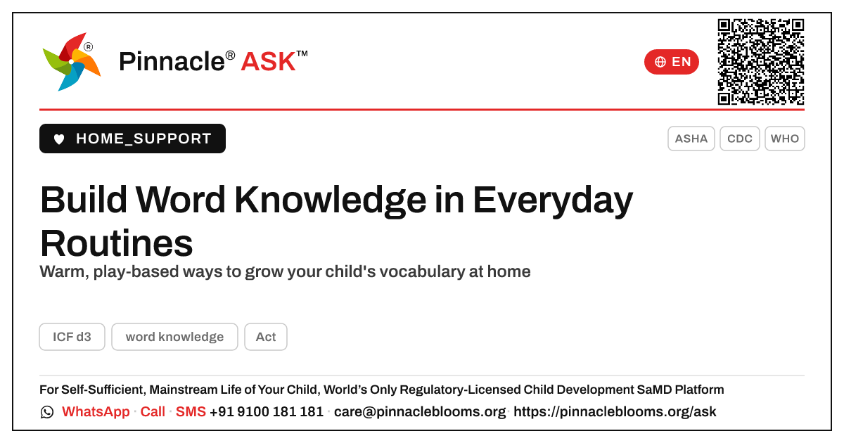 Helping Your Child Build Word Knowledge at Home — Pinnacle Ask answer card with a short explanation and QR link