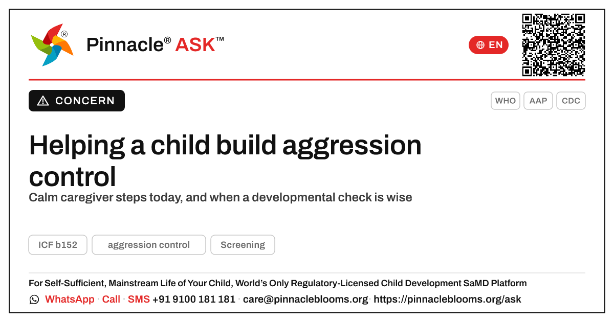 If a child in your care isn't yet showing aggression control — Pinnacle Ask answer card with a short explanation and QR link