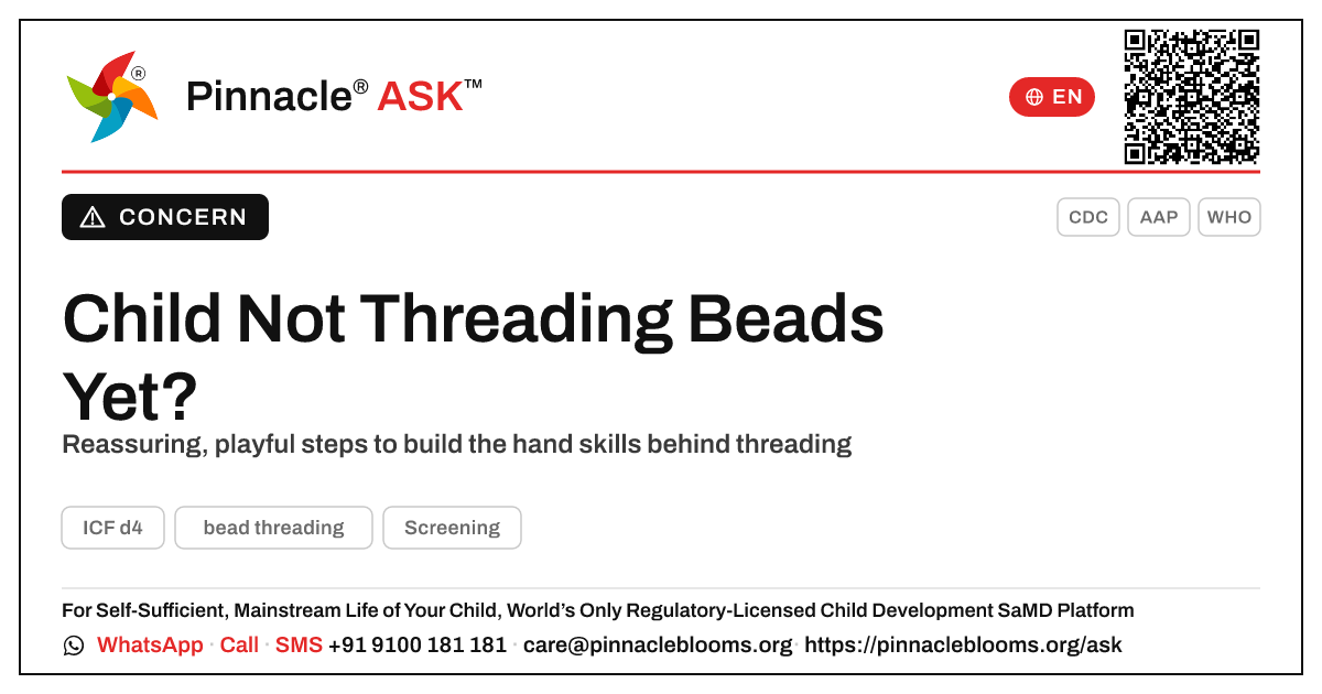 If a child isn't threading beads yet: a caregiver's guide — Pinnacle Ask answer card with a short explanation and QR link