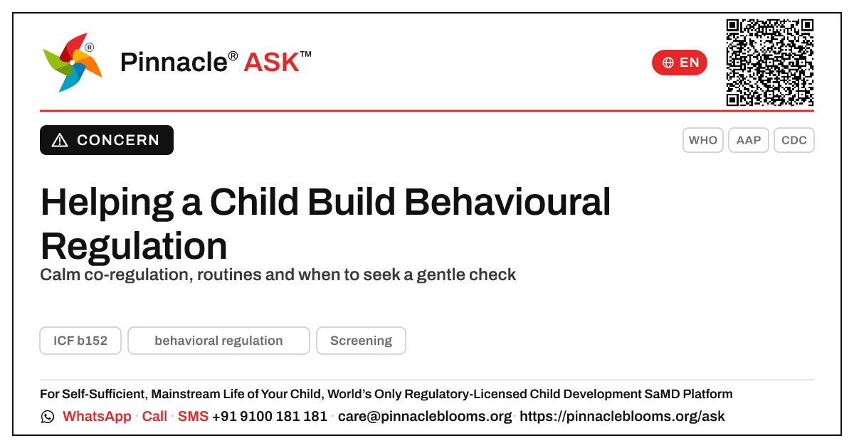 What to do if a child isn't showing behavioural regulation — Pinnacle Ask answer card with a short explanation and QR link