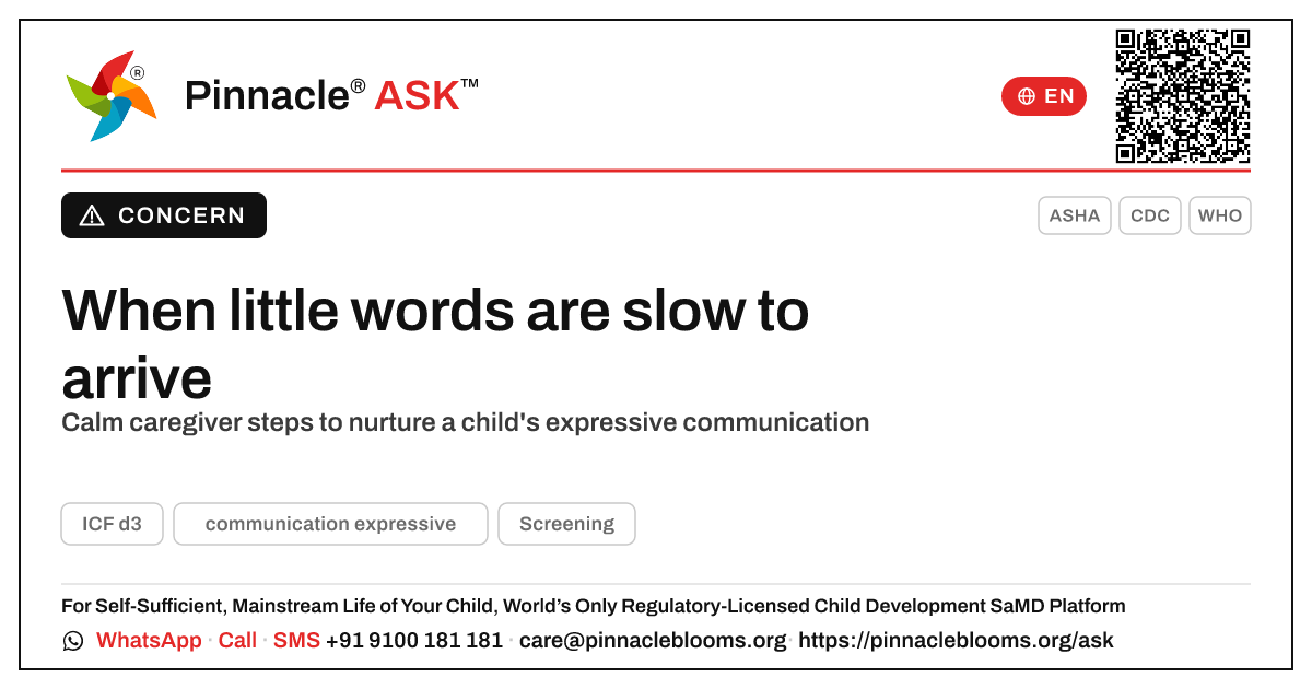 What to do if a child isn't yet showing expressive communication — Pinnacle Ask answer card with a short explanation and QR link