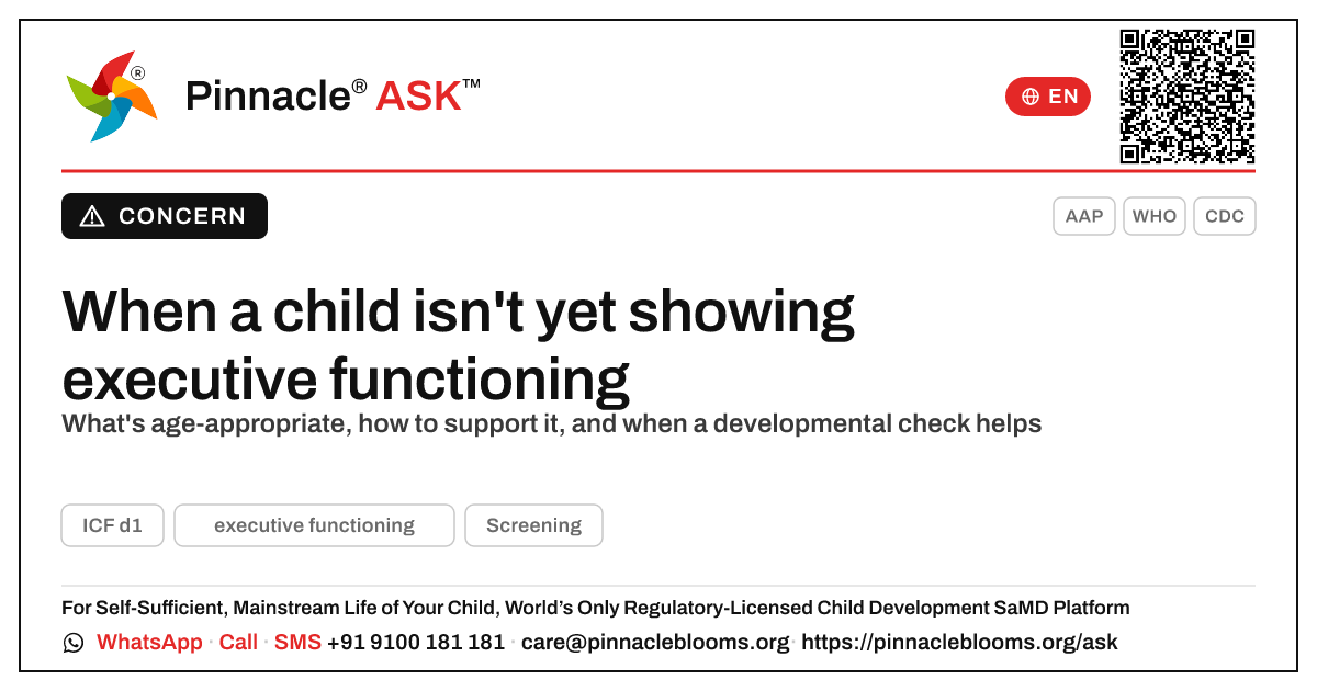 Supporting a Child's Executive Functioning — Pinnacle Ask answer card with a short explanation and QR link