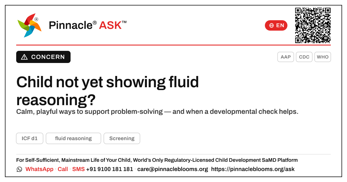 What to do if a child isn't yet showing fluid reasoning — Pinnacle Ask answer card with a short explanation and QR link