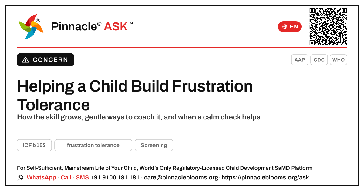 Building Frustration Tolerance in a Child You Care For — Pinnacle Ask answer card with a short explanation and QR link