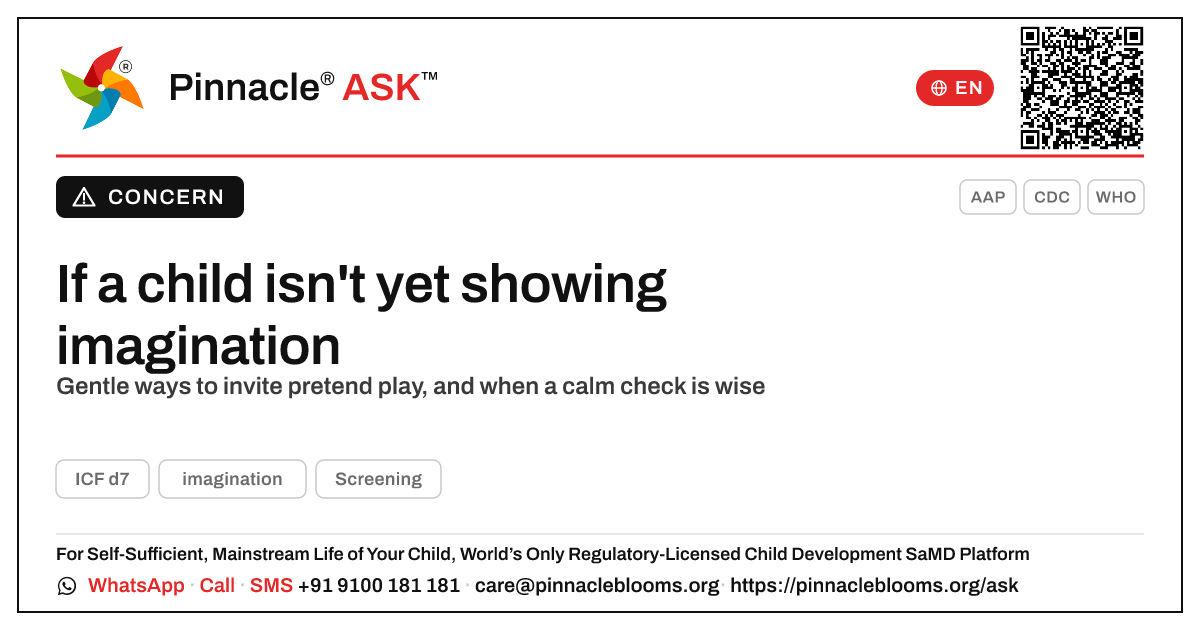 What to do if a child isn't yet showing imagination — Pinnacle Ask answer card with a short explanation and QR link