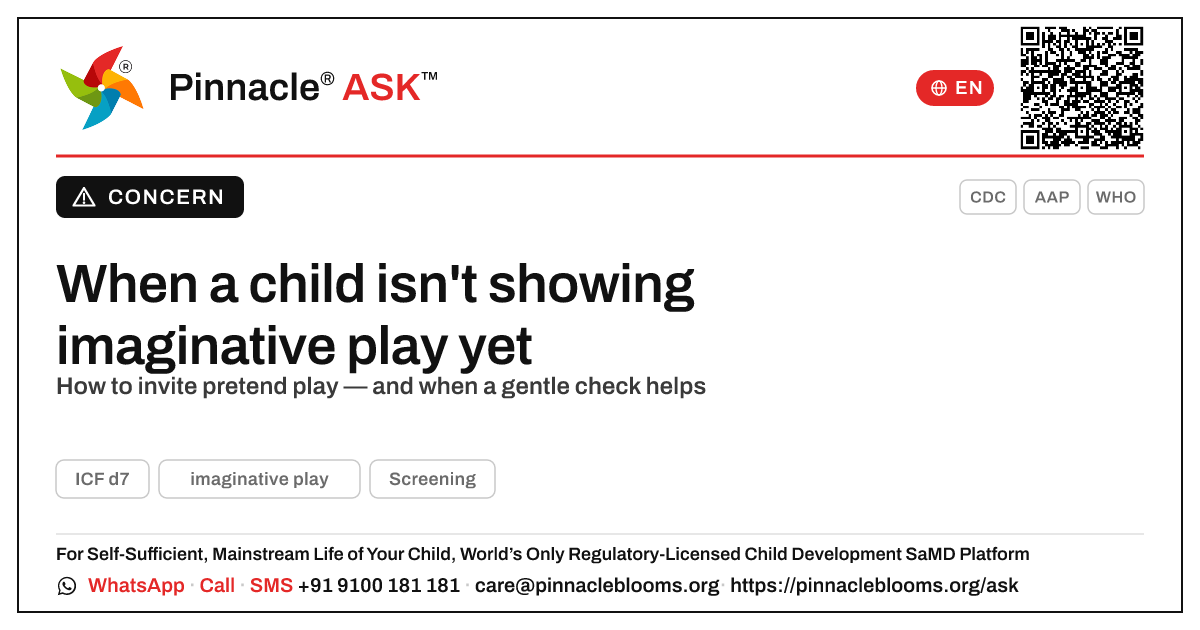 Supporting a child who isn't pretending yet — Pinnacle Ask answer card with a short explanation and QR link