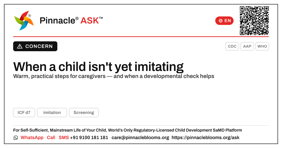 Child Not Imitating Yet? A Caregiver's Guide — Pinnacle Ask answer card with a short explanation and QR link
