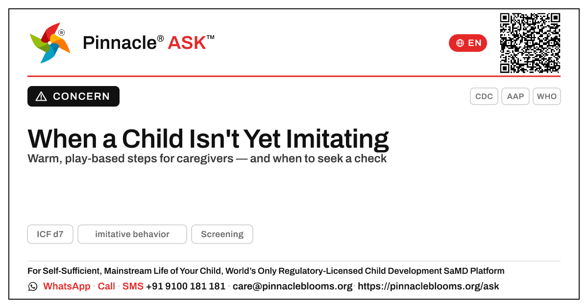 Helping a Child Who Isn't Yet Imitating — Pinnacle Ask answer card with a short explanation and QR link