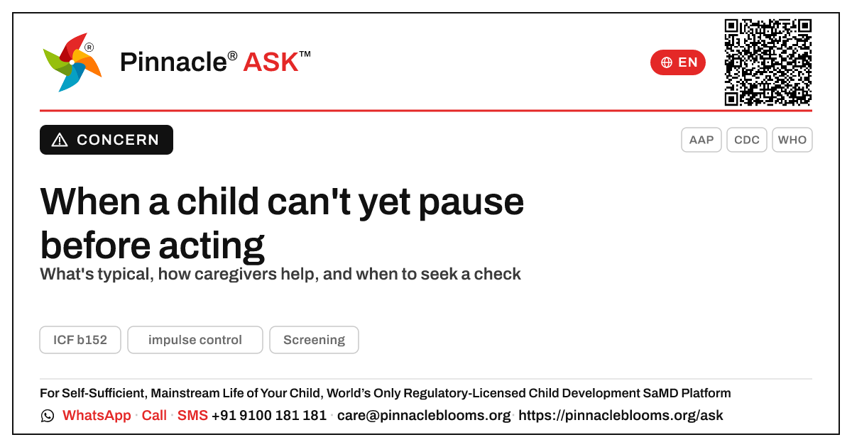 Helping a child who is not yet showing impulse control — Pinnacle Ask answer card with a short explanation and QR link