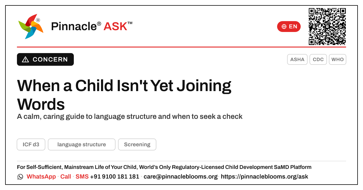 If a Child Isn't Yet Showing Language Structure — Pinnacle Ask answer card with a short explanation and QR link
